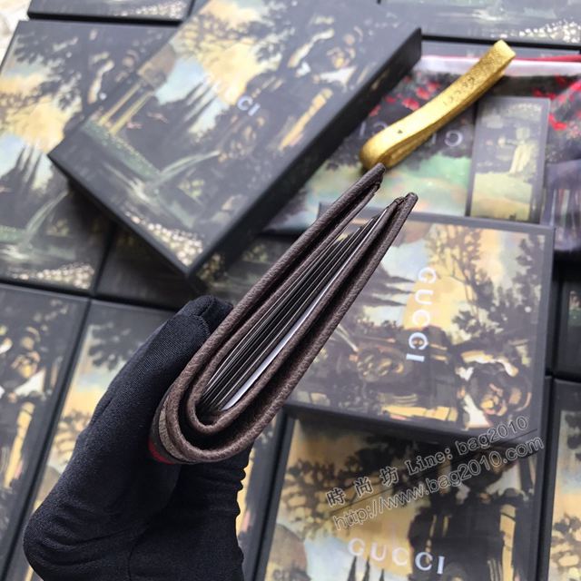Gucci包 古馳錢包 597606 標誌性圖案與條紋織帶 pvc啡 Gucci錢夾 Gucci短錢包  gudj1025